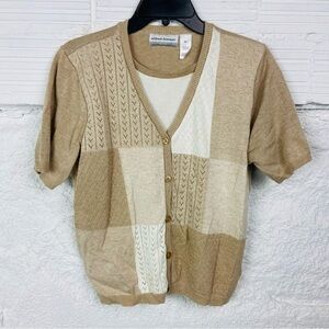 Alfred Dunner Beige & white Knit Sweater set short sleeve Top size large petite